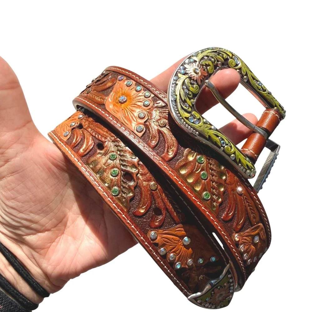 Womens‎ Floral Tooled Leather Western Belt Brown Rhinestone embossed L
